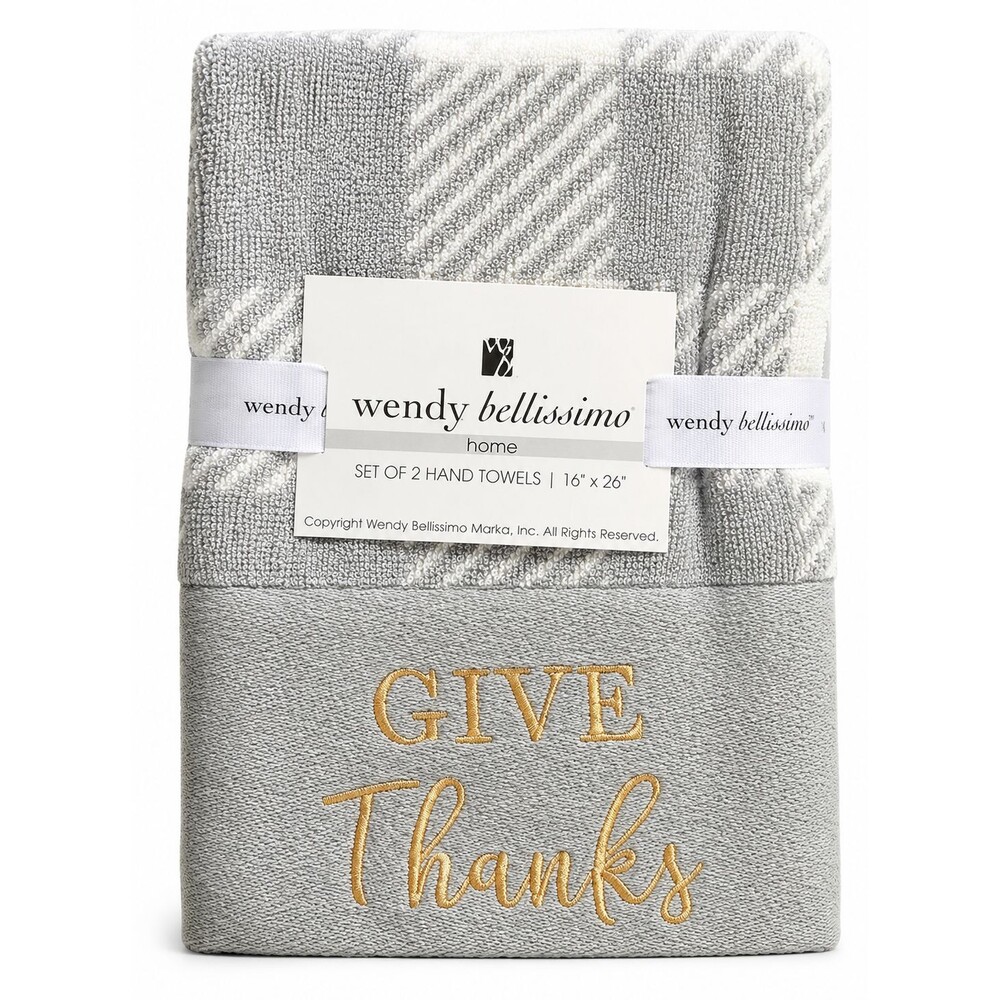 Thanksgiving Buffalo Check Hand Towels Set of 2 Give Thanks Embroidered Gray Gol